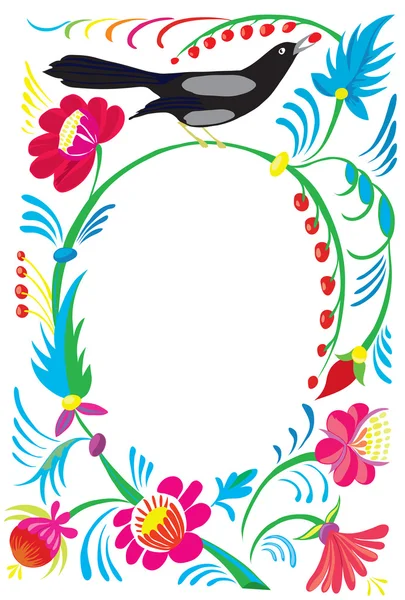 Ornamento de flor com um pássaro bicando uma cinza de montanha . — Vetor de Stock