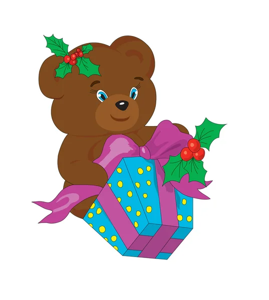 Bear with a gift for new year. — Stock Vector