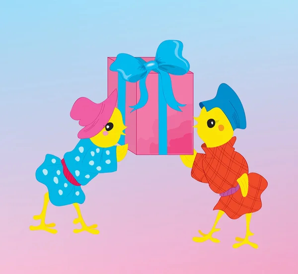 Två kycklingar med en gåva till nyår — Stock vektor