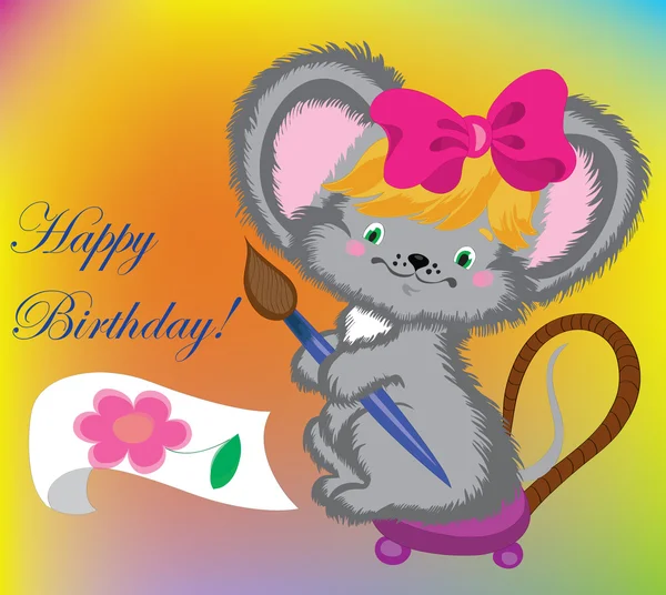 Die Maus zieht zum Geburtstag eine Karte. — Stockvektor