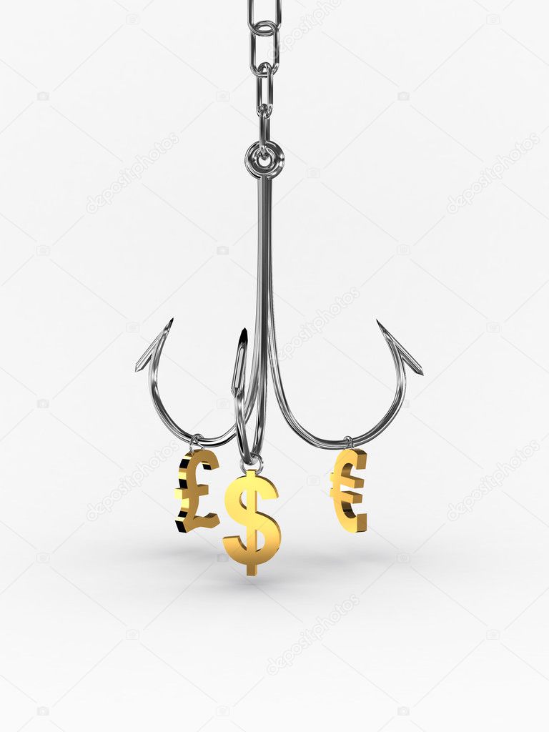 Hooked On Money on white background. 3D