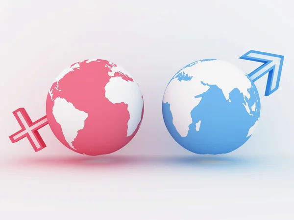 stock image Two globe with male and female sign. 3D image