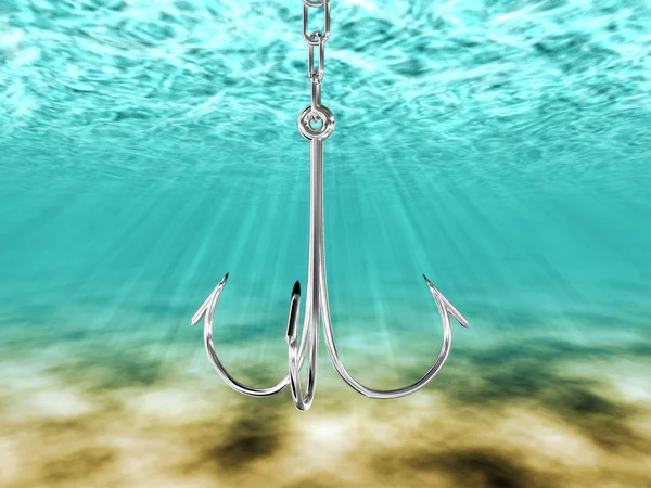 Крюк для ловли рыбы под водой. 3D изображение — стоковое фото