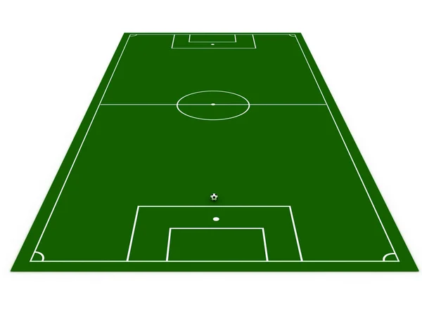 Campo de fútbol con pelota de fútbol sobre fondo blanco. Imagen 3D — Foto de Stock