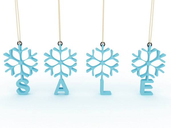 Snowflakes labels with sale on white background. 3D image