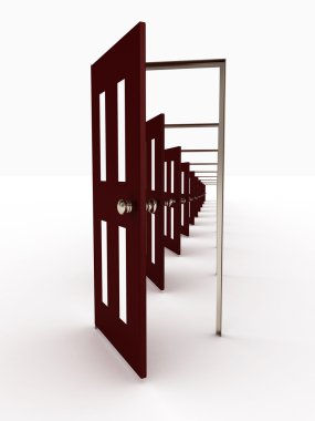 Many open doors isolated on white background. 3D image clipart