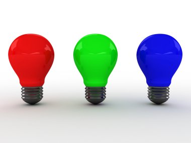 Three light bulbs with RGB colors. 3D image clipart