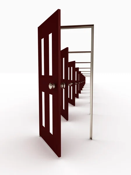 Veel open deuren geïsoleerd op een witte achtergrond. 3D-beeld — Stockfoto