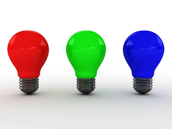 Three light bulbs with RGB colors. 3D image — Stock Photo, Image