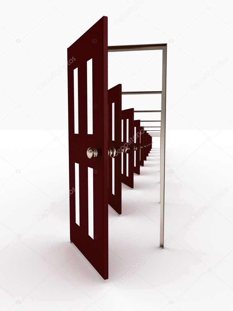 Many open doors isolated on white background. 3D image