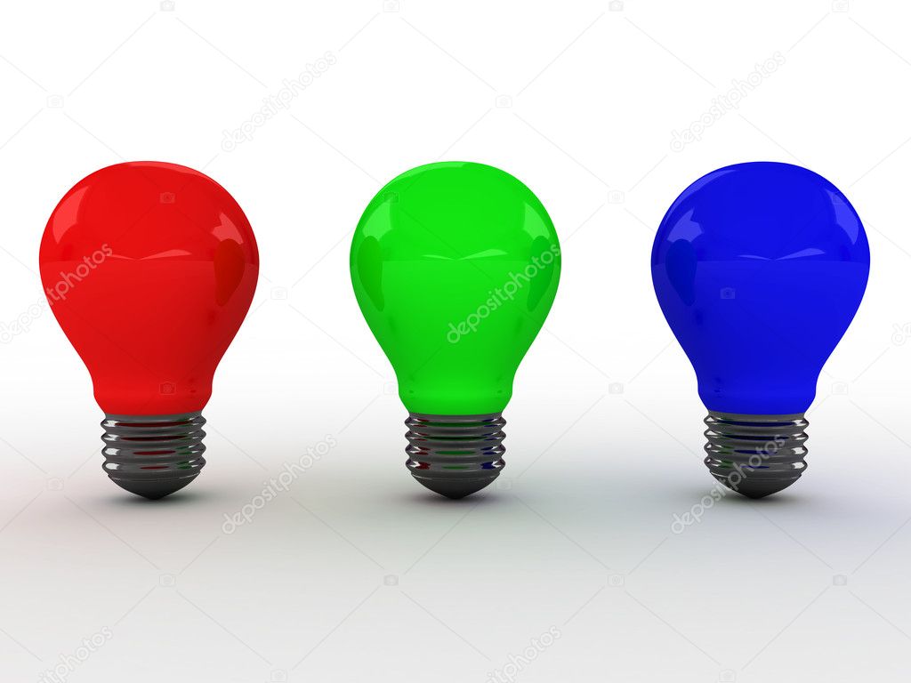 Three light bulbs with RGB colors. 3D image