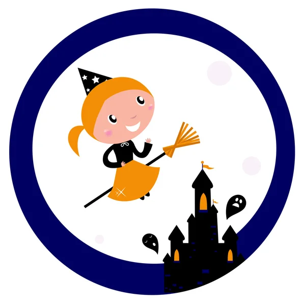 Halloween hrad s holkou čarodějnice létající kolem měsíce — Stockový vektor