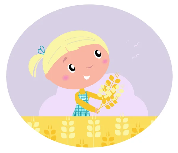 Kleines nettes Mädchen mit gelb geerntetem Korn isoliert auf weiß — Stockvektor