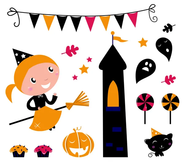 Halloween Witch Girl & items, icons and design elements — Stock Vector