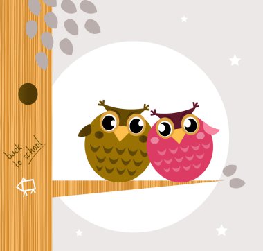 Two cute owl friends sitting on the branch clipart