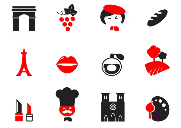 复古的巴黎文化、 法国文化 & 菜图标设置-红色, — 图库矢量图片