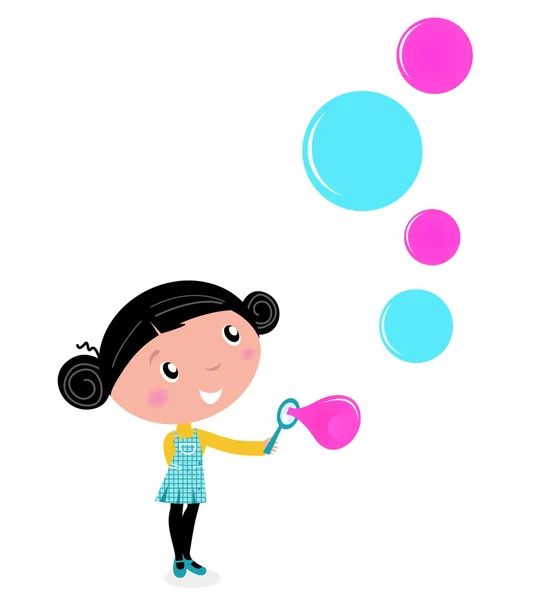 Petite fille mignonne soufflant bulles de savon isolé sur blanc — Image vectorielle