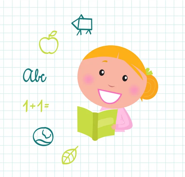 Schattig lezen blond meisje lezen boek, school pictogrammen & elementen — Stockvector