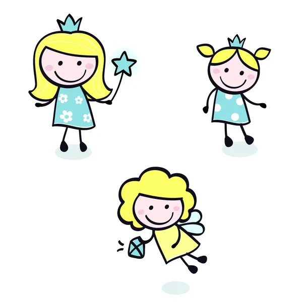 Şirin doodle Prenses koleksiyon izole üzerine beyaz - mavi — Stok Vektör
