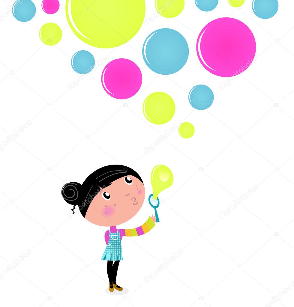 Cute little Girl blowing Soap bubbles isolated on white