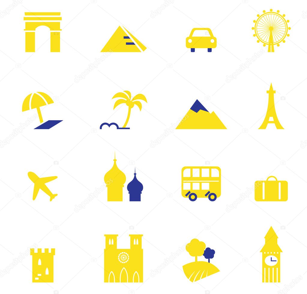 Travel, vacation & landmarks icons collection.