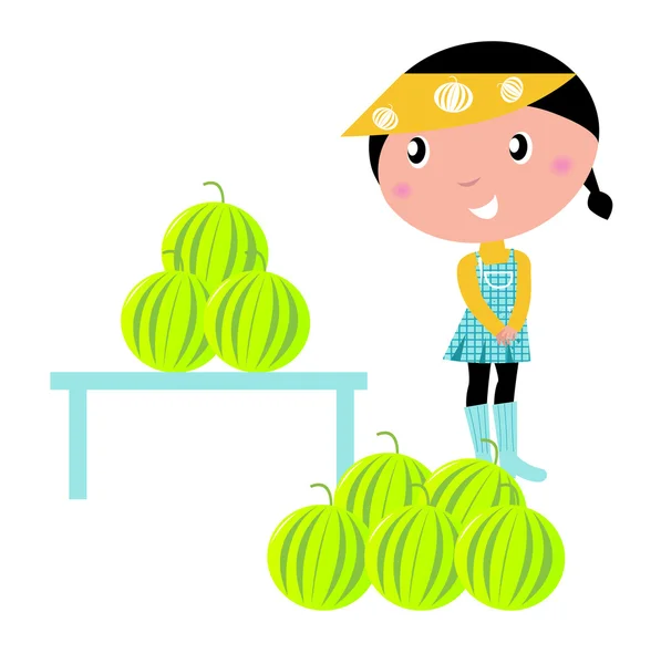 Roztomilá dívka s čerstvou vodní melouny izolované na bílém — Stockový vektor