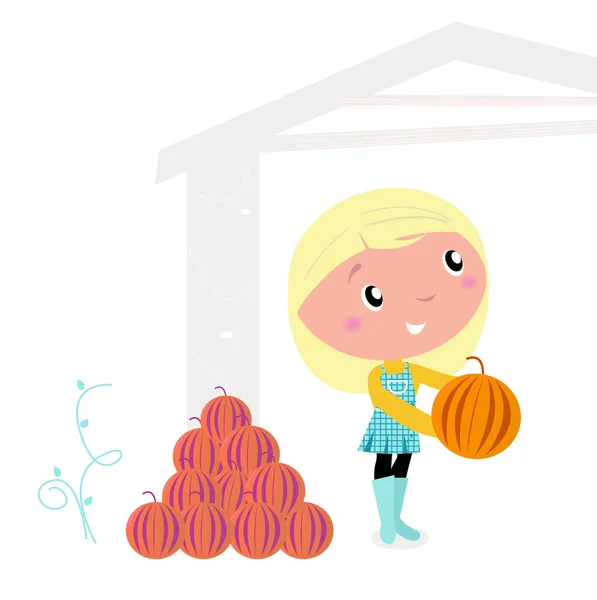 Thanksgiving schattig kind met pompoen hoofden. — Stockvector