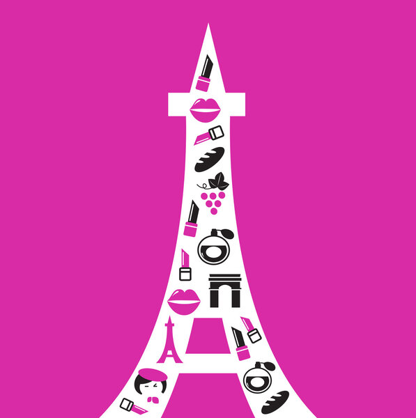 Retro Paris Eiffel Tower silhouette with icons.