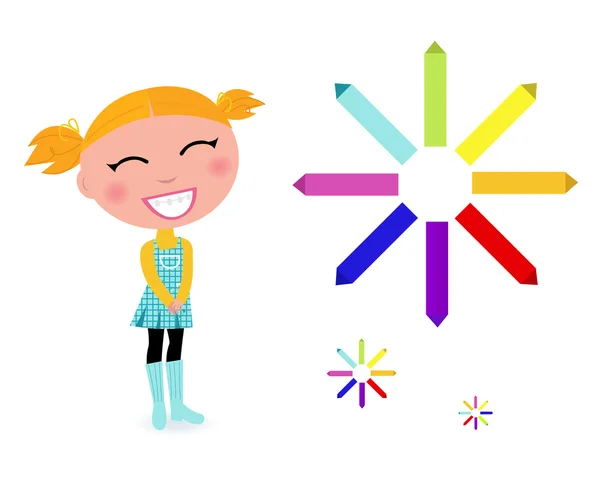 学校与彩虹蜡笔铅笔在白色孤立的女孩 — 图库矢量图片
