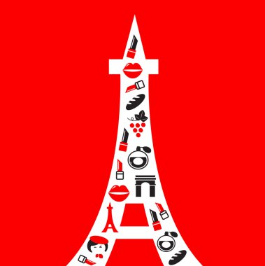 Retro Paris Tower silhouette with icons isolated on red clipart