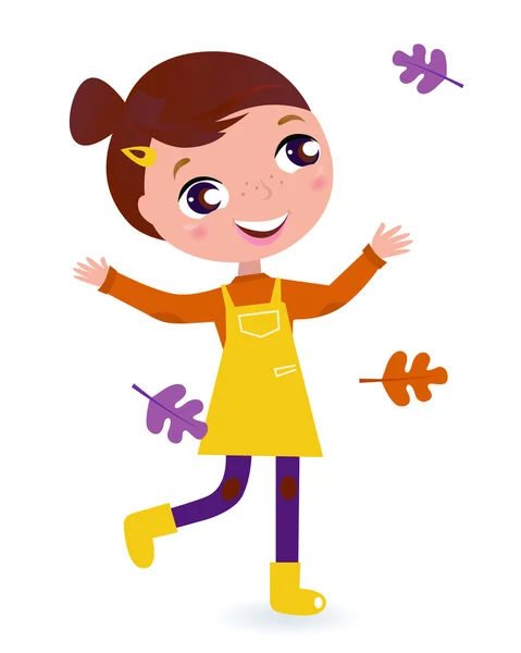 Cute running Child with Autumn Leaves isolated on white — Stock Vector