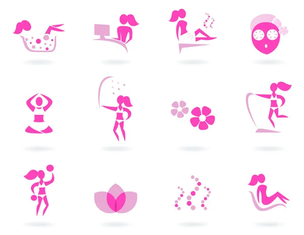 Pink, spa, sağlık & spor kadın simgeler üzerinde beyaz izole — Stok Vektör
