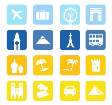 Travel icons and landmarks big collection - blue & yellow clipart