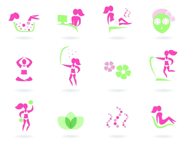 水疗，健康和运动女性图标（粉红色和绿色 ) — 图库矢量图片