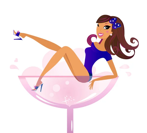 粉红葡萄酒玻璃-孤立在白色的可爱女人 — 图库矢量图片