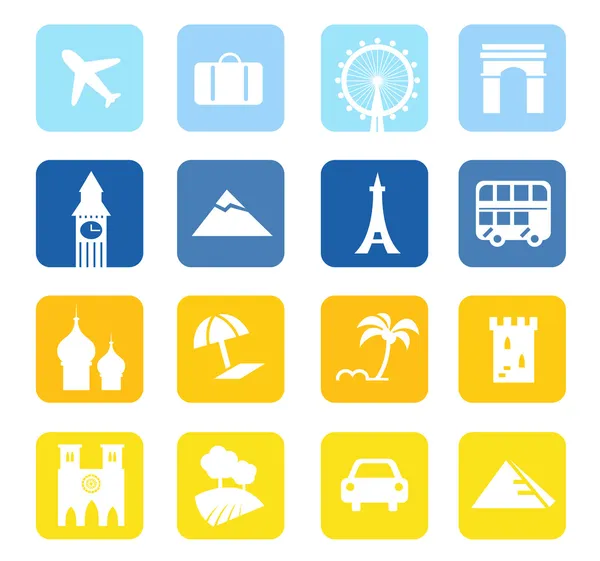 Pictogrammen en bezienswaardigheden grote collectie - blauwe & gele reizen — Stockvector