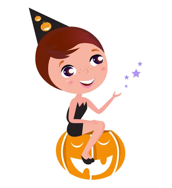 Cute Halloween Witch Girl sitting on Pumpkin head isolated on wh — Stock Vector