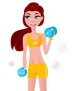 Beautiful fit blond hair woman exercising with two dumbbell weig clipart