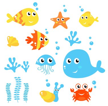 Marine Life - Sea and fishes collection isolated on white clipart