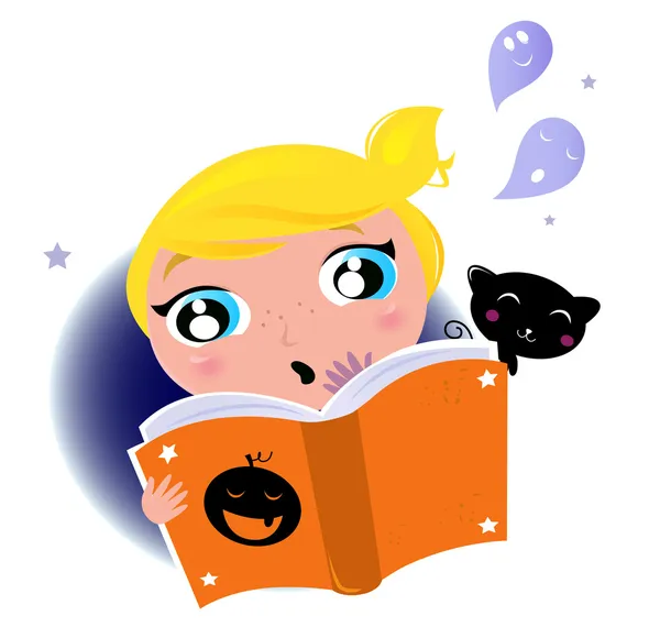 Cute little kid reading Halloween story book — Stock Vector