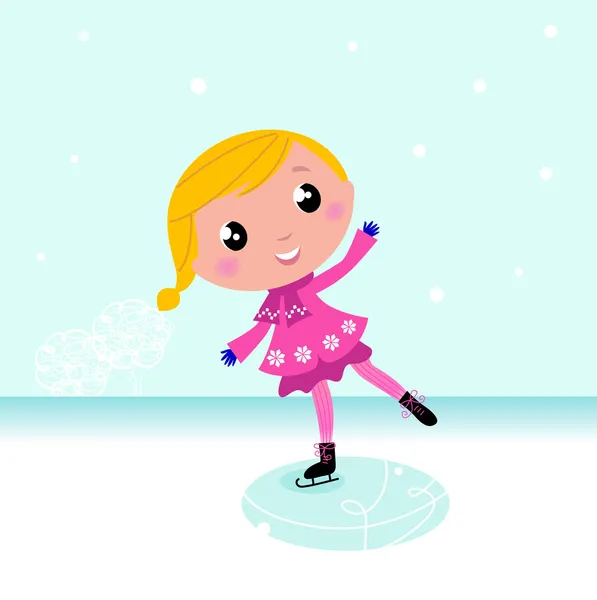 Зима: Милый ребенок катается на коньках по замерзшему озеру — стоковый вектор