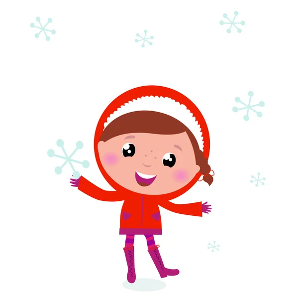 最初の雪: かわいい冬の雪を抱いた子供 — ストックベクタ