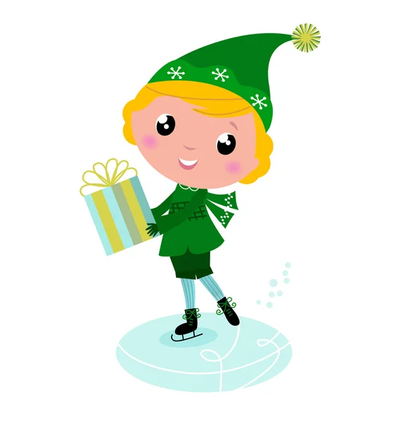 Cute ice skating Elf boy with big Gift — Stock Vector