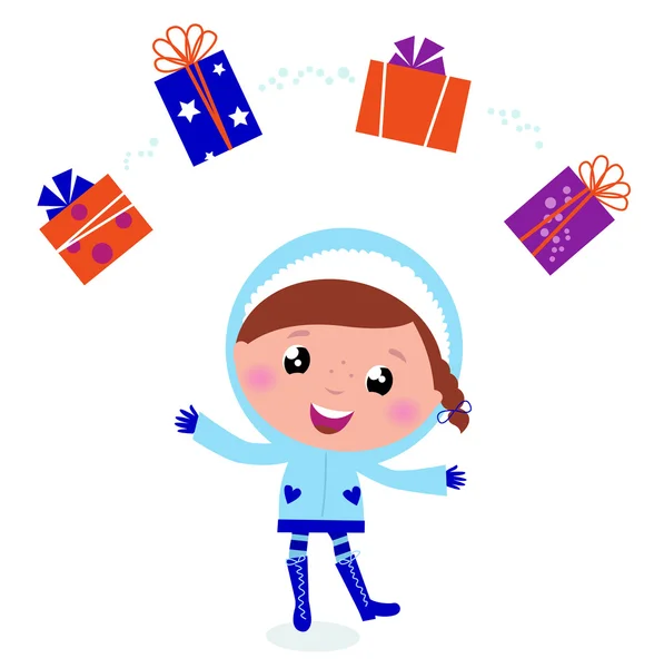 Cute winter child jugglery with christmas gifts. — Stock Vector