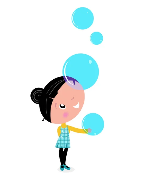 Klein meisje spelen met blauwe zeepbellen. — Stockvector