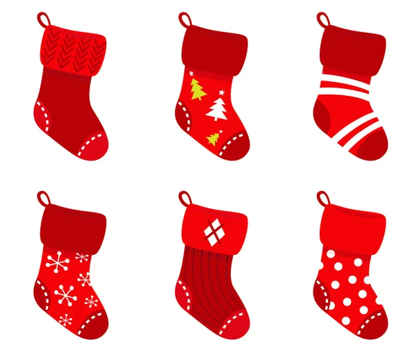 Červené retro vánoční ponožky kolekce izolát na bílém pozadí — Stockový vektor