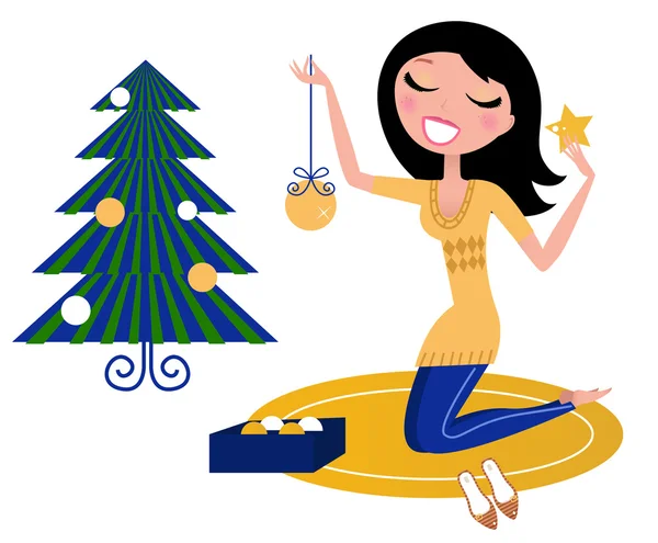Ευτυχισμένη γυναίκα προετοιμασία χριστουγεννιάτικο δέντρο. — Διανυσματικό Αρχείο