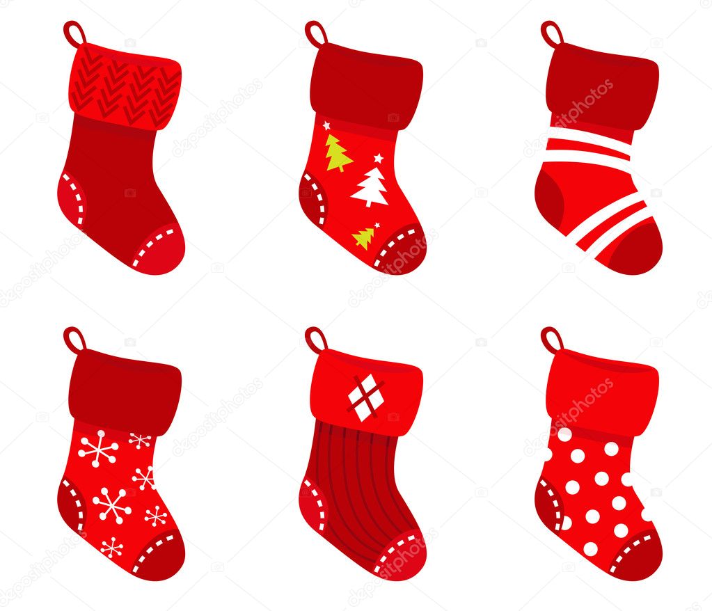 Red retro Christmas Socks collection isolate on white