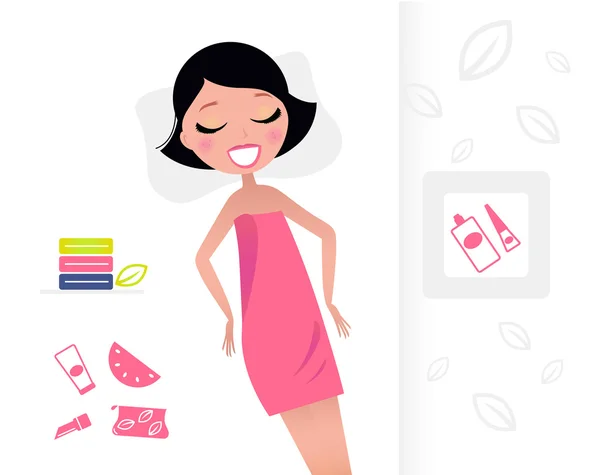 Kobieta w różowy ręcznik relaks w gabinecie kosmetycznym. — Wektor stockowy