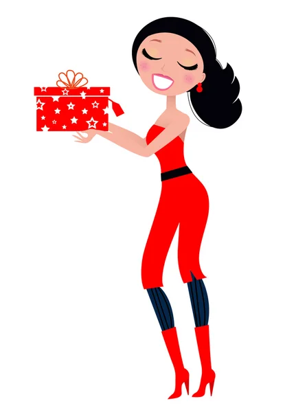 Cute Christmas Woman with gift isolated on white — Stock Vector